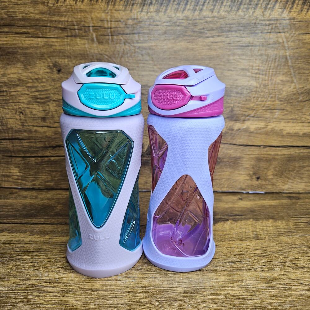 Zulu Kids 16 oz Pink Purple Blue Silicone Water Bottle Flip Lid set of 2